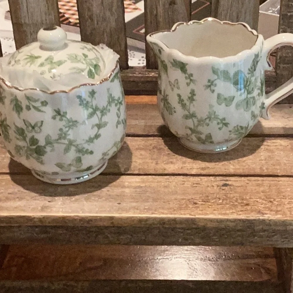Grace Teaware Green Floral Cream & Sugar Set